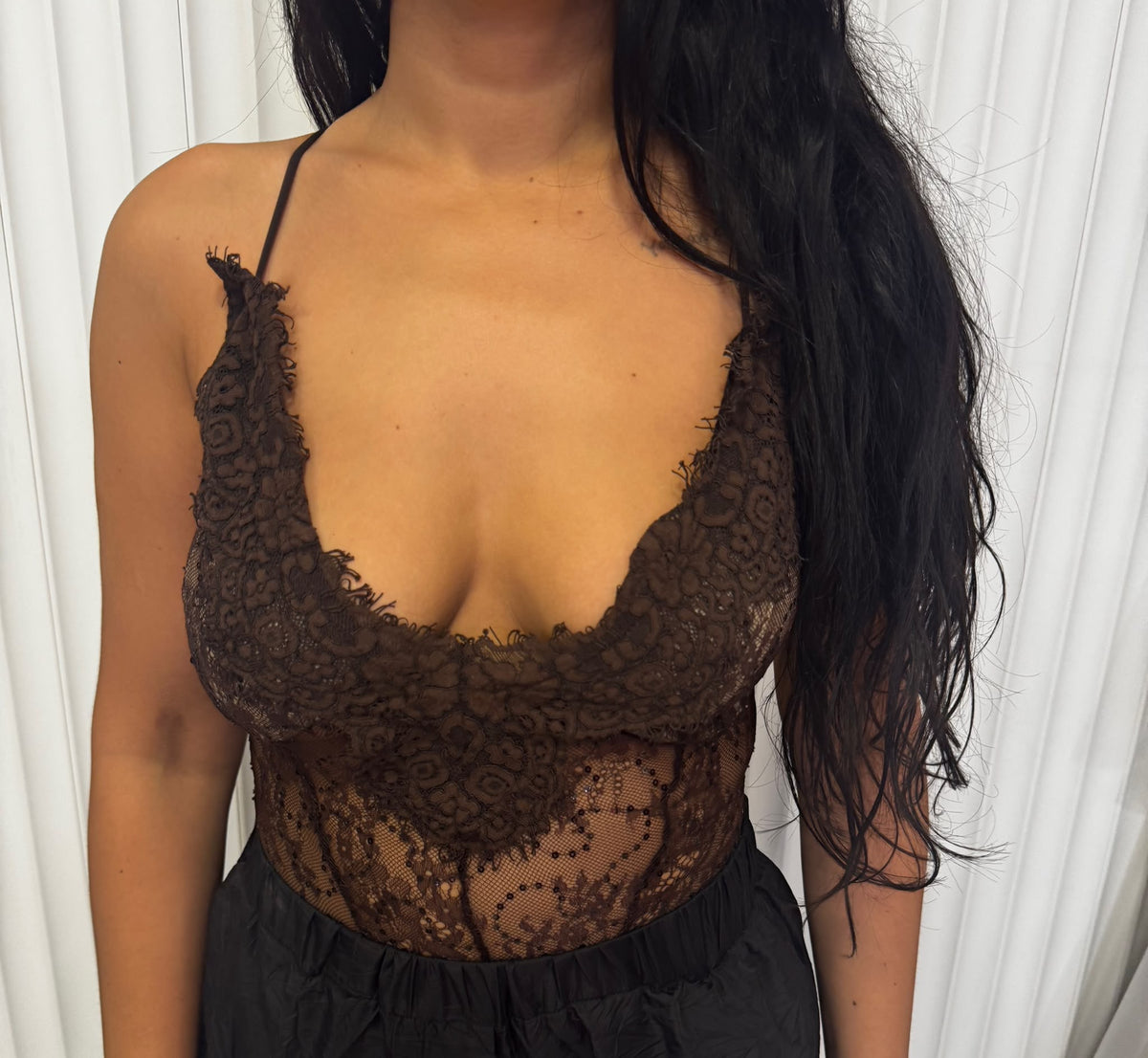 Dantel Sırtı Çapraz Askılı Bodysuit - Kahve