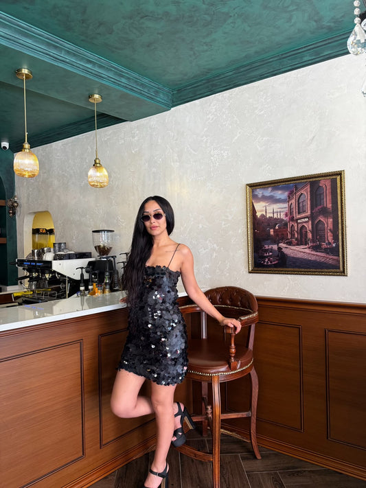 Pul Payet Mini Elbise - Siyah