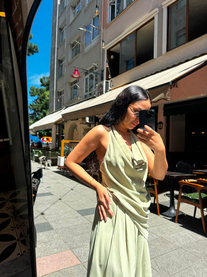 Degaje Yaka Asimetrik Bluz - Nil Yeşili