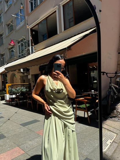 Degaje Yaka Asimetrik Bluz - Nil Yeşili