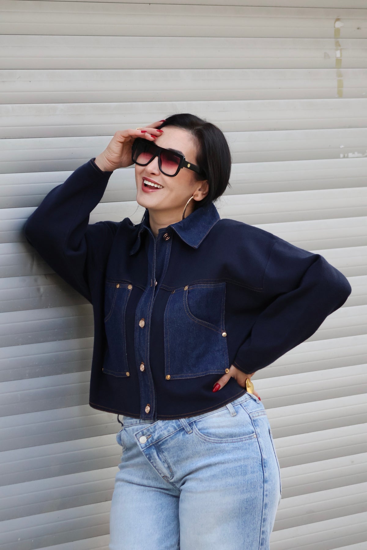 İthal Lacivert Denim Detaylı Triko Ceket