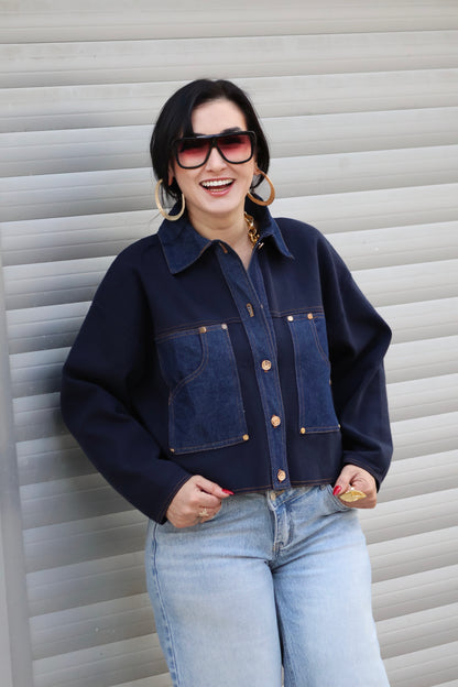 İthal Lacivert Denim Detaylı Triko Ceket