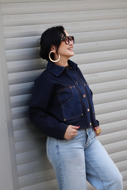 İthal Lacivert Denim Detaylı Triko Ceket