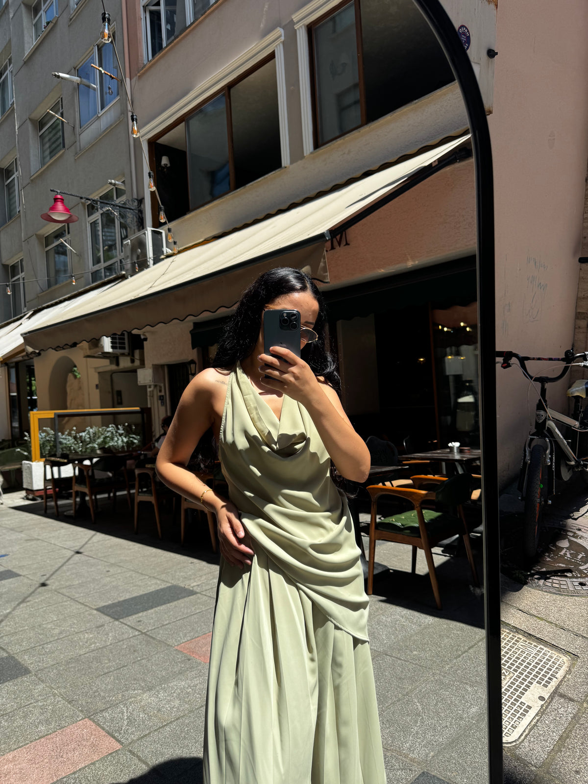 Pileli Bol Kesim Kemerli Pantolon - Açık Yeşil