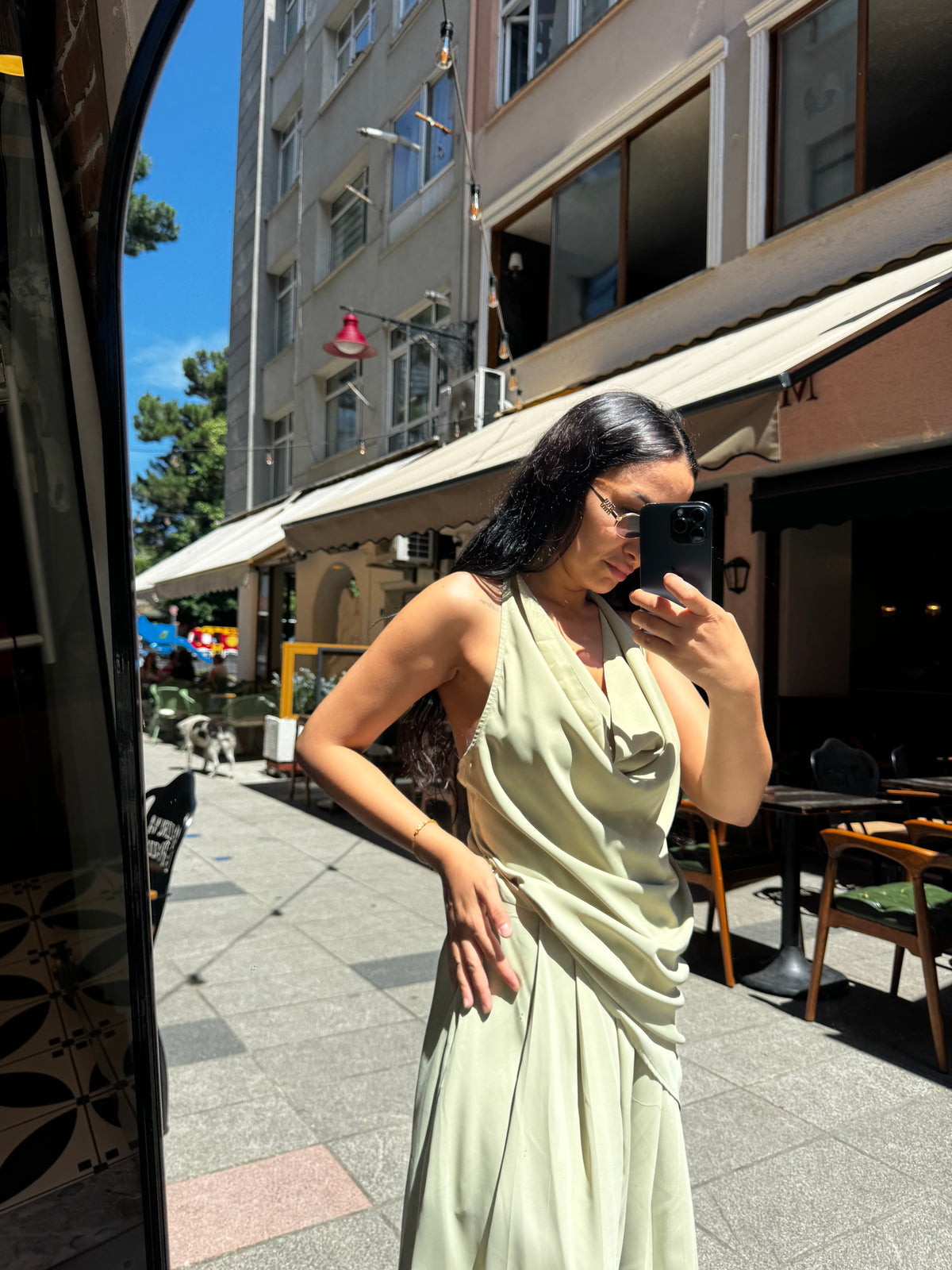 Pileli Bol Kesim Kemerli Pantolon - Açık Yeşil