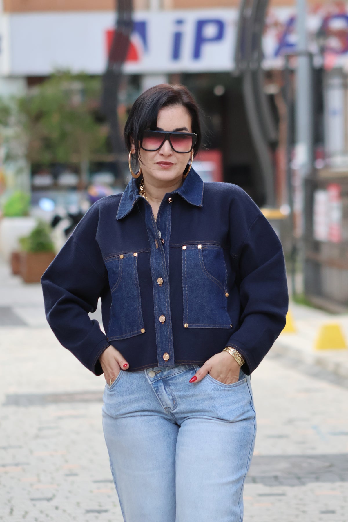 İthal Lacivert Denim Detaylı Triko Ceket