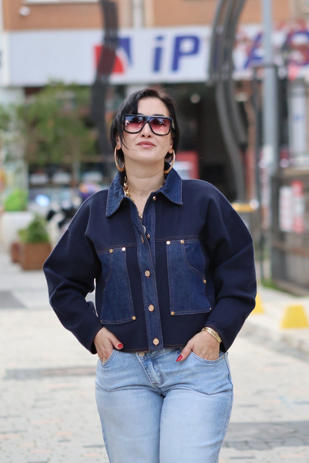 İthal Lacivert Denim Detaylı Triko Ceket