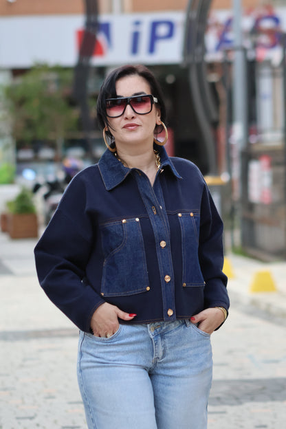 İthal Lacivert Denim Detaylı Triko Ceket