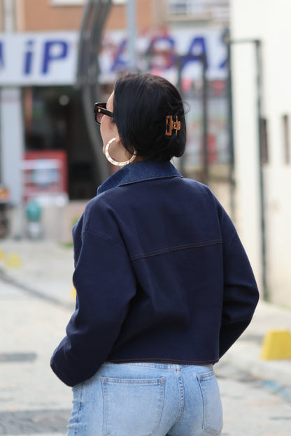 İthal Lacivert Denim Detaylı Triko Ceket