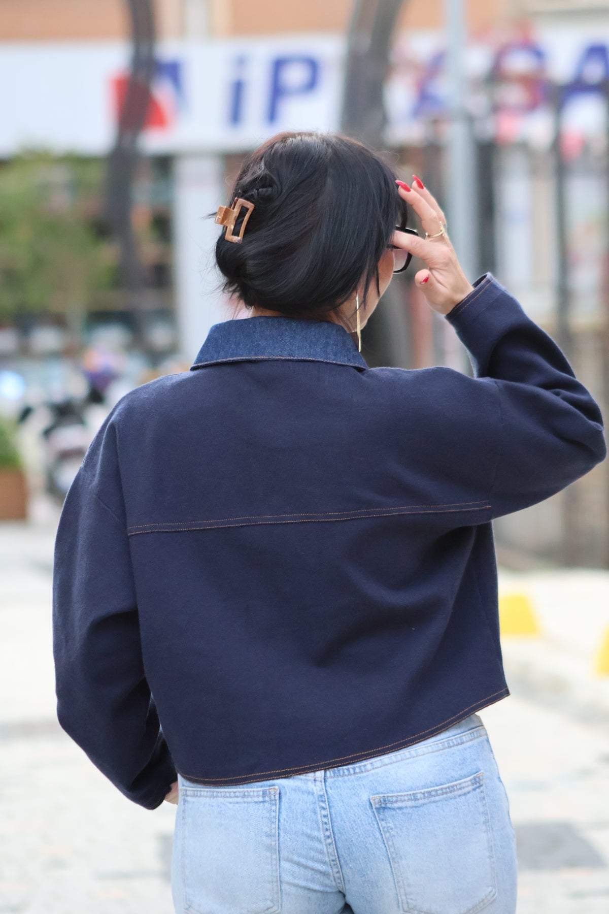 İthal Lacivert Denim Detaylı Triko Ceket
