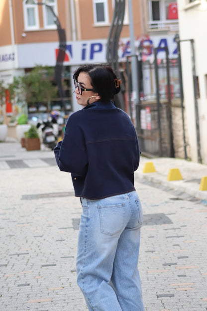 İthal Lacivert Denim Detaylı Triko Ceket