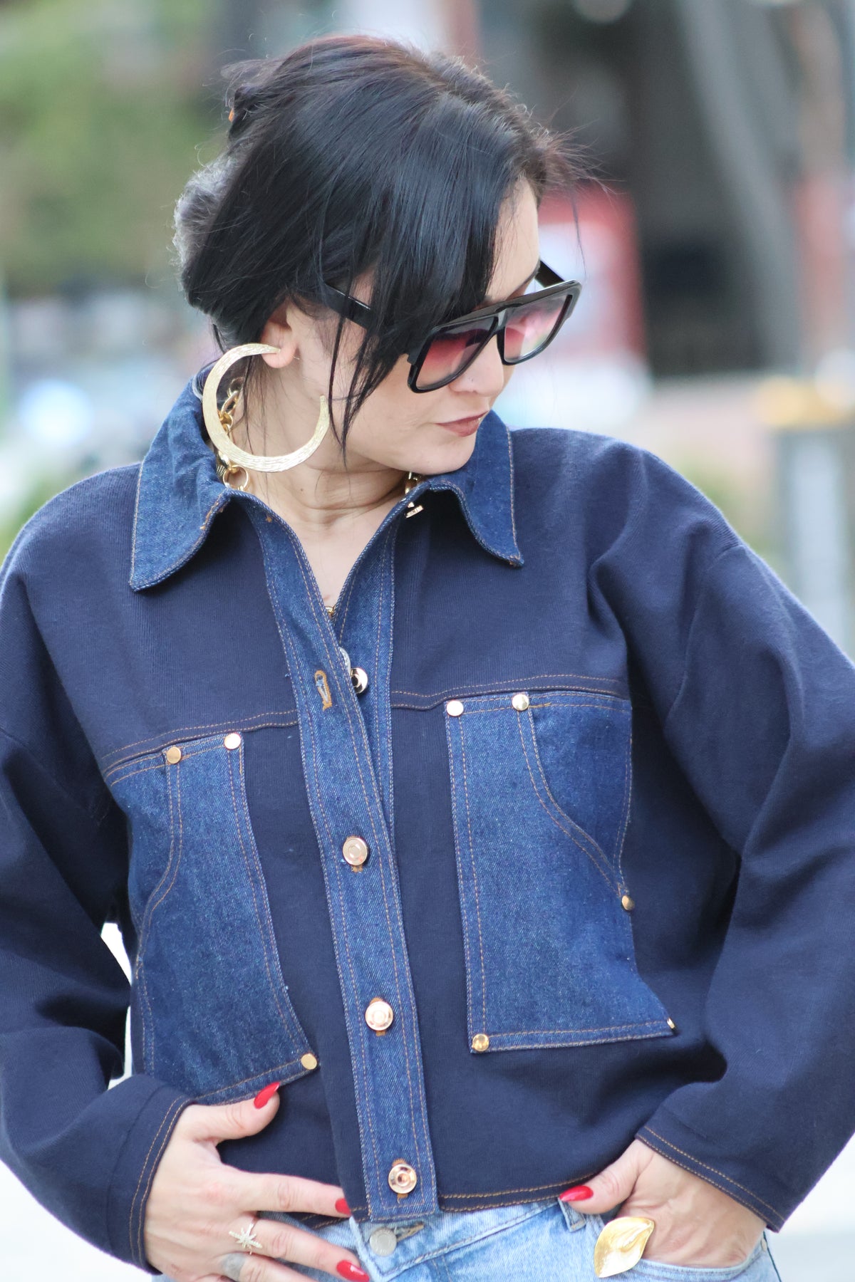İthal Lacivert Denim Detaylı Triko Ceket