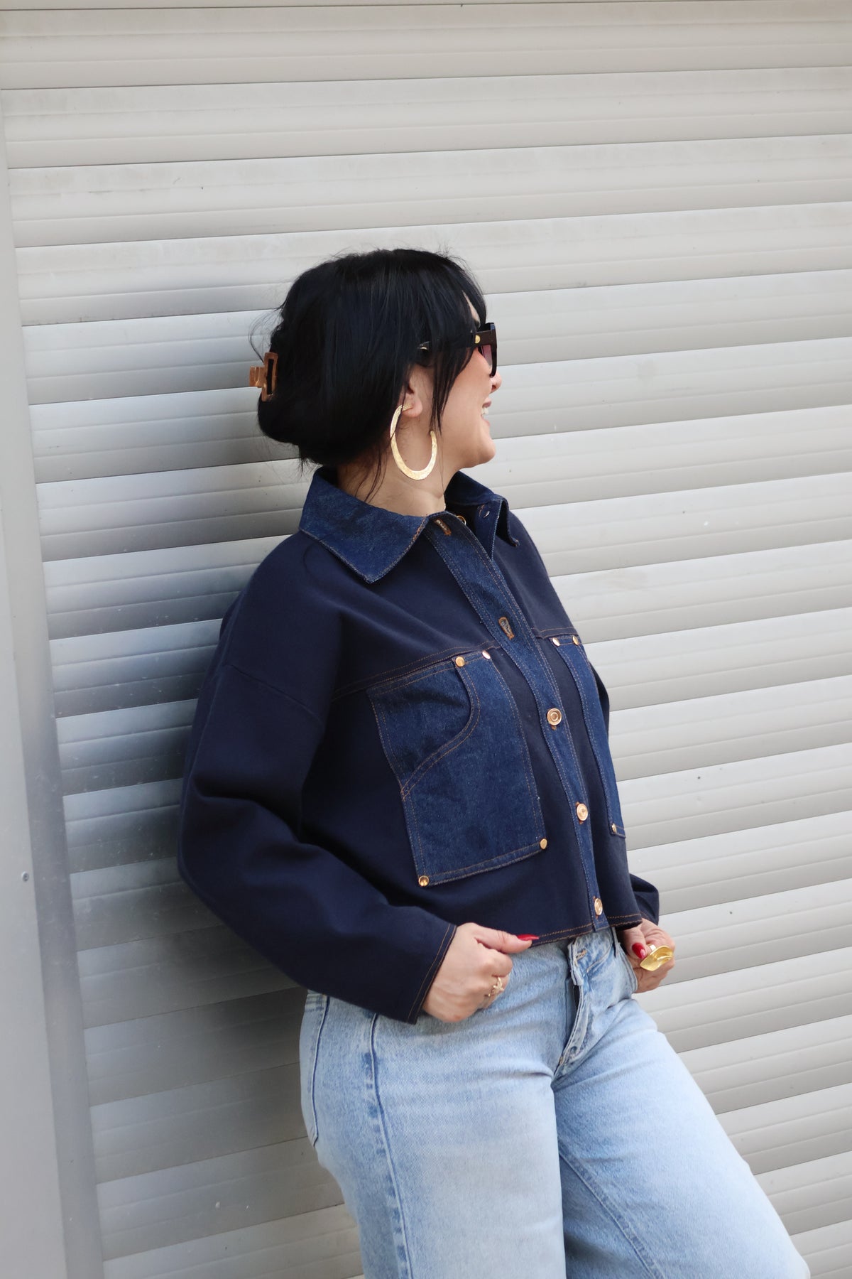 İthal Lacivert Denim Detaylı Triko Ceket
