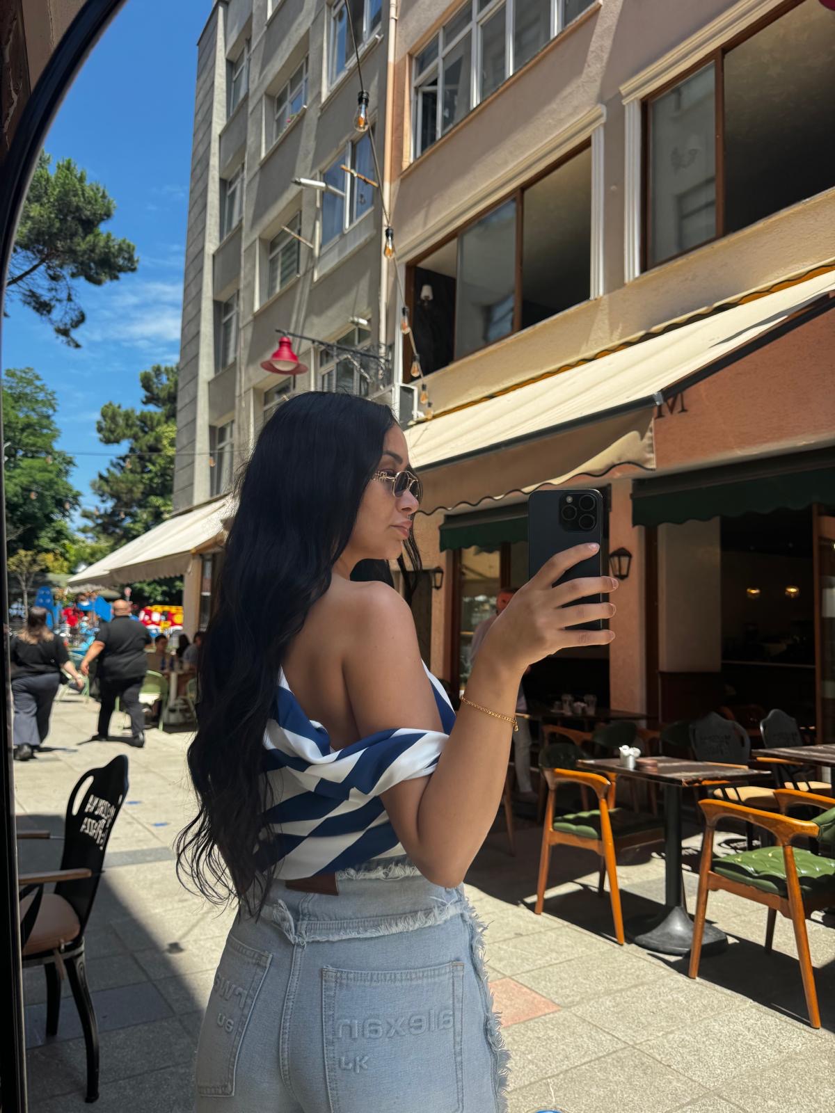 Beyaz Çizgili Bluz Mavi